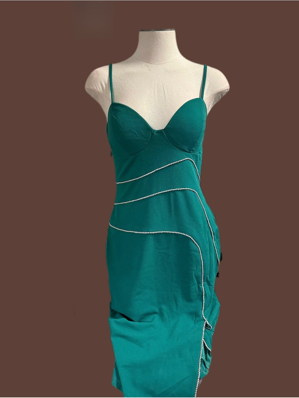 Symphony Teal Fitted Spaghetti-Strap Midi Dress with Piped Detail